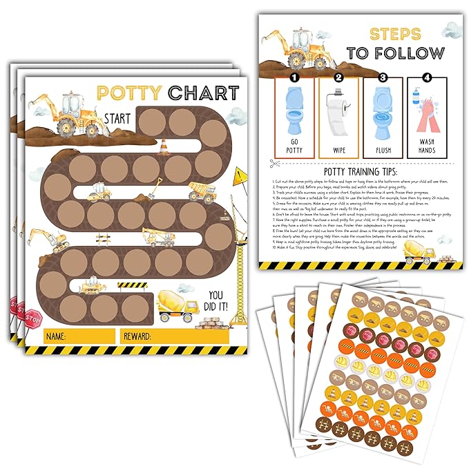 Potty Training Chart, 10 Potty Training Reward Chart for Toilet Success, 8"x10" Construction Routine Calendar with Stickers for Toddler Boys - A02