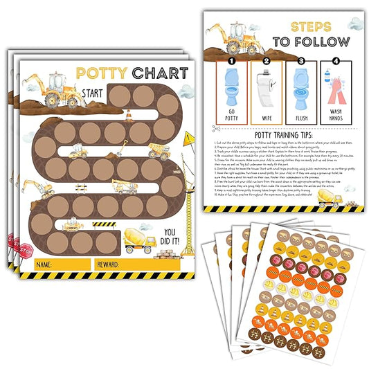 Potty Training Chart, 10 Potty Training Reward Chart for Toilet Success, 8"x10" Construction Routine Calendar with Stickers for Toddler Boys - A02