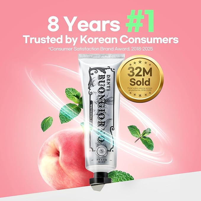 Peach Mint WHITENING Toothpaste (3 Pack) – Natural Fluoride Korean Toothpaste for Teeth Whitening, Plaque Removal, Strengthens Enamel, Paraben & SLS Free (3.52fl oz / 100g)
