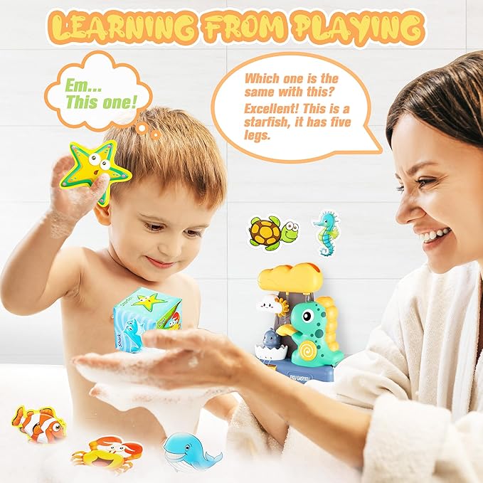 EKU Dinosaur Bath Toys for Kids Toddlers Age 18months+ Interactive Floating Sea Animal Dice Mold Free Fishing Game Water Play Bath Time Bathtub Storage Bag Girl Boy Baby Infant