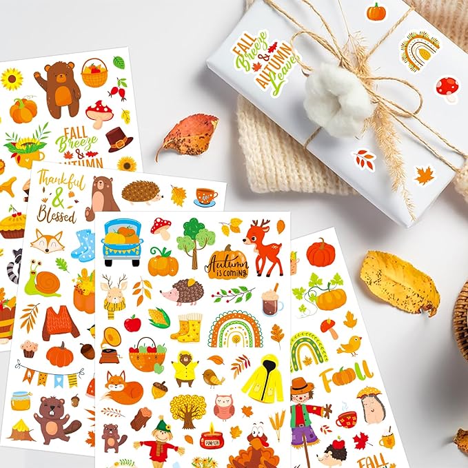 Fall Autumn Adhesive Stickers 990 Counts Woodland Pumpkin Stickers for Birthday Invitations Envelopes Decorations Party Goodie Gifts Bags Decor Water Bottle Decor Stickers