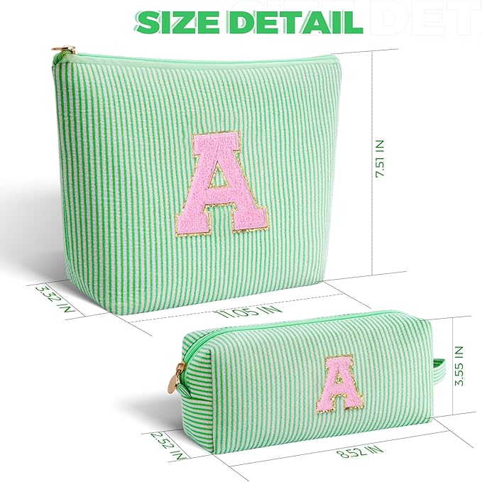 Makeup Bag Set Initials Cosmetic Bag,Gifts for 10 11 12 13 14 15 16 17 18 Years Old Girl Girlfriend Teen Girls Gift Trendy Stuff Personalized Toiletry Bag Travel - Green,A