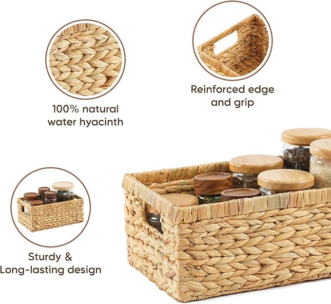 Greenatural Water Hyacinth Storage Baskets Set of 2, Handwoven Rectangular Organizer Trays with Handles in 2 Different Sizes, Nested Wicker Bins for Shelf, Bathroom, Kitchen, Office, Natural Decor