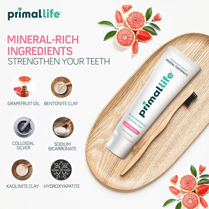 Primal Life Organics Premium Dirty Mouth Mineral Toothpaste - Nano-Hydroxyapatite, Colloidal Silver, Charcoal - Organic, All Natural Whitening Formula (Bubblegum Flavor, 4oz)