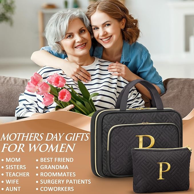 Personalized Gifts for Women, Initial Toiletry Bag Hanging Travel Organizer & Makeup Cosmetic Bag with Embroidery Letter Teacher Appreciation Gift Birthday Christmas Gifts for Mom Wife Friend Sister