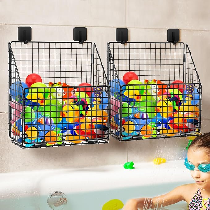2 Pack Large Bath Toy Storage, Metal Bathtub Shower Toy Holder, Foldable bath Tub Toy Organizers Black, Bathroom Toy Storage with Drainage for Sorting Toys/Clothes/Toiletries