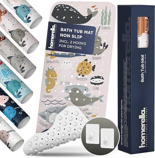 Bath Tub Mat Non Slip Anti Mold for Kids BPA Free INCL Hooks - homerella® Ocean Sea Animals 40x16, Baby Bath Mat Non Slip 200 Suction Cups, Non Toxic Machine Washable Toddler Bath Mat, EU Certified