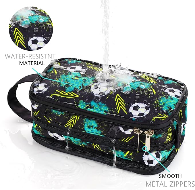 Kids Toiletry Bag for Boys, Travel Toiletry Bag for Little Young Boys Waterproof Hanging Wash Bag Toddler Traveling Toiletries, Soccer Balls Black