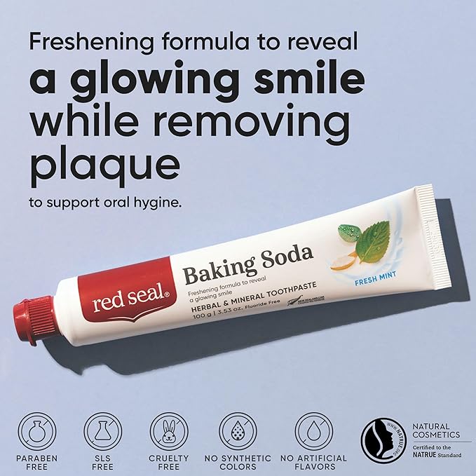 Red Seal Baking Soda Toothpaste - Fluoride-Free Herbal & Mineral Formula, Vegan-Friendly, Cruelty-Free, SLS and Paraben-Free, No Artificial Flavors, NATRUE Certified Natural, Dry Mouth Relief (2 Pack)
