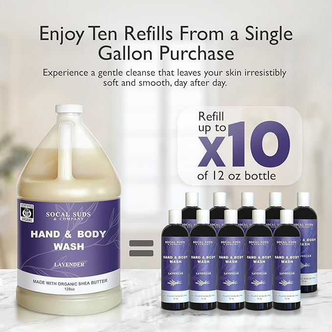 SoCal Suds & Company 128oz Certified Organic Hand & Body Wash w/Shea Butter- Gentle Natural Body,Baby & Face Wash for Sensitive Skin, Moisturizing Thick Castile Soap, Hand Soap and More - Lavender