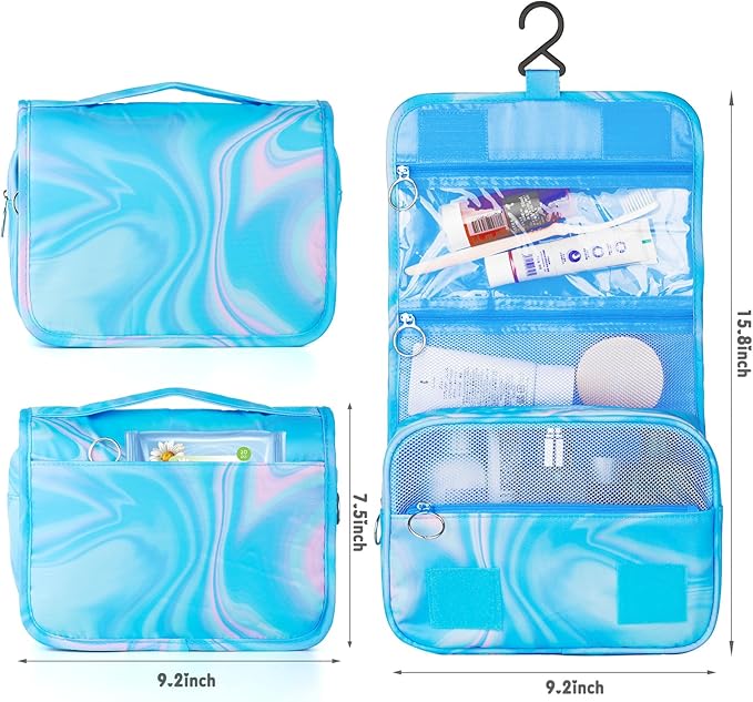 Blue Hanging Toiletry Bag for Girls, Travel Toiletry Bag for Teen Girls Cosmetic Makeup Waterproof Wash Bag Traveling Toiletries, Fluid