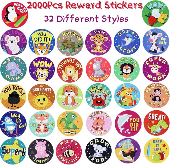 2000Pcs Reward Stickers, 4Rolls Animal Styles Teacher Motivational Sticker for School Classroom Supplies