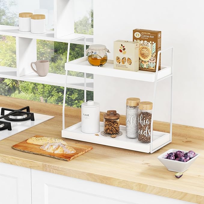 Forbena White 2 Tier Bathroom Organizer Countertop, Small Counter Top Organizer for Bathroom Decor, Modern Kitchen Counter Shelf for Snack, Vanity Makeup Organizers and Storage Tray for Bedroom