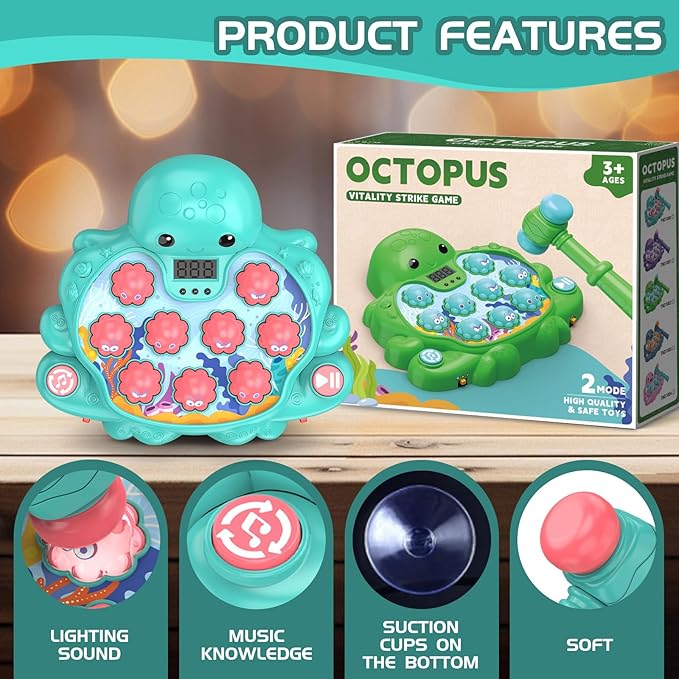 Octopus Vitality Strike Game, Educational Musical Whack-A-Mole Toy with 2 Game Modes, Digital Score Display, Toddler Early Developmental Learning Toy, Fun Birthday Gift for Kids Age 2+(Multicolored)