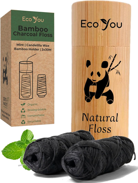 Charcoal Bamboo Floss | 2 Natural Floss Refill with Bamboo Container | Organic Mint & Candelilla Wax | Vegan & Biodegradable | Compatible with Similar Size Dental Silk Containers