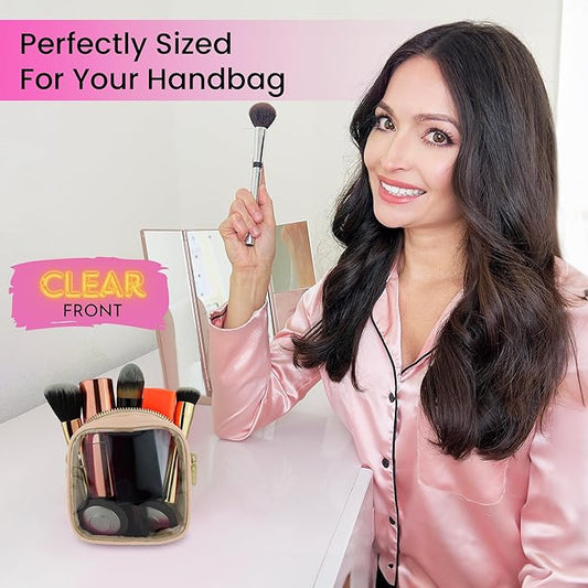 Beige Mini Makeup Bag - Clear Travel Cosmetic Case With Pouch, Small Cosmetic Pouch for Purse