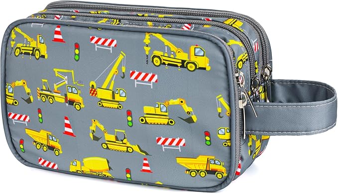 Kids Toiletry Bag for Boys, Travel Toiletry Bag for Little Young Boys Waterproof Hanging Wash Bag Toddler Traveling Toiletries, Construction Grey