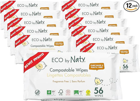 Eco by Naty Baby Wipes Unscented - 100% Compostable and Plant-Based Wipes, Good for Babies and Newborn Sensitive Skin (672 Count - 12 packs of 56)