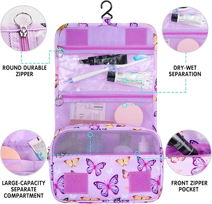 Kids Hanging Toiletry Bag for Girls, Travel Toiletry Bag for Little Young Girls Cosmetic Makeup Waterproof Wash Bag Toddler Traveling Toiletries, Butterfly Purple