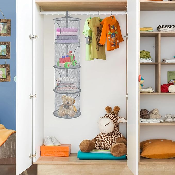 Libeder Mesh Hanging Storage Space Saver Bags Organizer,Foldable Storage Organizer 4 Compartments Toy Storage Basket for Kids Room Bathroom 2 Sets Grey