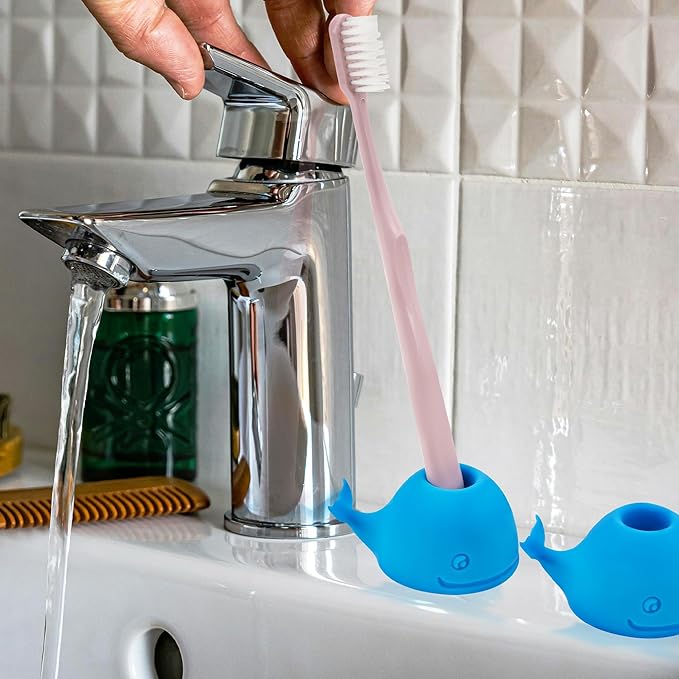 Whale Toothbrush Holder Set, Silicone Compact Stand, Toothbrush Organizer for Bathroom and Sink, Cute Portable Toothbrush Protector for Home & Travel (2Pcs, Blue)