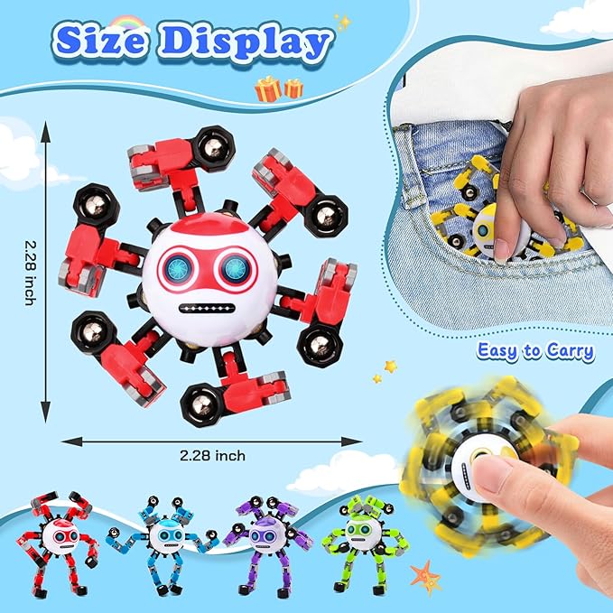 4 PCS Transformable Fidget Spinners Toys for Kids and Adults Stress Relief Sensory Toy for Teens Boys Autism Cool Fingertip Gyros Boy Girl Travel Party Favors Birthdays Gifts Stocking Stuffer