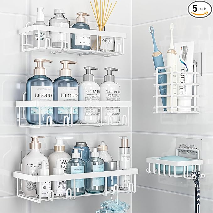 5 Pack Shower Caddy Organizer Rack Shelf for Inside Shower, Self Adhesive Wall Storage Basket Rustproof Stainless Steel Shampoo Holder Bathroom Accessory Decor Set, White
