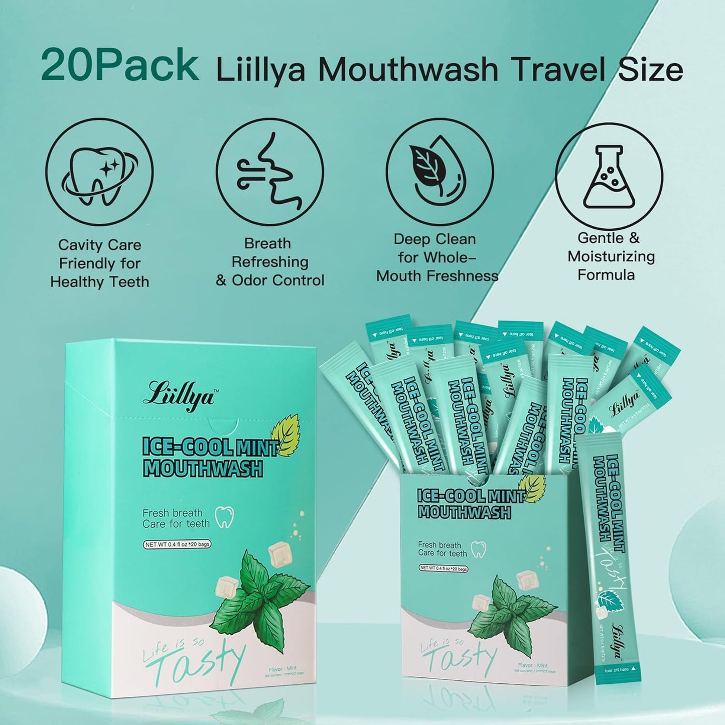 Mouthwash Travel Size, Individual Mini Mouthwash Alcohol Free, Cool Mint for Fresh Breath, Oral Care, Teeth & Gum Health, TSA Compliant, Portable Packets to Go, 0.41 Fl Oz x 20 Packs