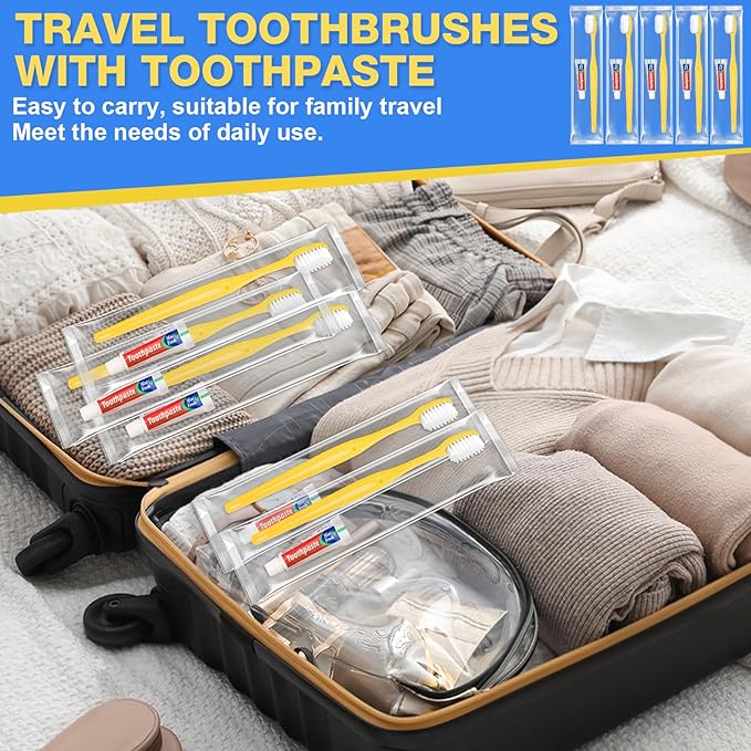 Disposable Toothbrushes with Toothpaste 100 Pack, Travel Size Toothbrush and Toothpaste Set, Bulk Tooth Brush Tooth Paste Kit, Individually Wrapped Travel Toiletries for Homeless, Hotel