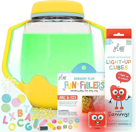 Glo Pals Play Pack Bundle with Sensory Play Jar, Water-Activated Light-Up Cubes, and Fun Fillers - Sensory Toys for Toddlers - Sensory Toy Kit with Light Up Cubes for Bathtub - Easy as ABC