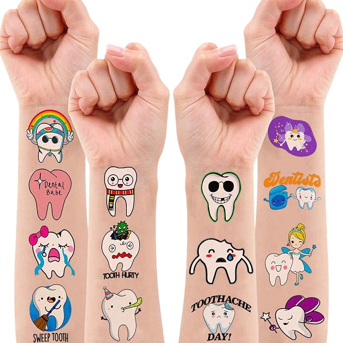 96 PCS Cute First Milk Tooth Dental Dentist Pre-Cut Temporary Tattoos for Kids Birthday Themed Party Supplies Decorations Favors Fairy Teeth Tattoo Stickers Gifts for Baby Girls Boys Rewards