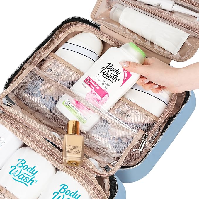 NISHEL Travel Toiletry Bag for women, Portable Hanging Organizer for Family-Sized Shampoo, Conditioner, Brushes Set, Makeup Accessories, Extra Large Size, Placid-Blue