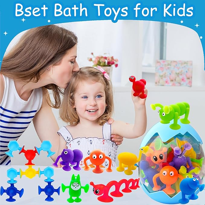 Suction Bath Toys for Kids Age 1-3 3-5, Suction Cup Bathtub Toy Mold Free Party Favor Goody Prize With Eggshell Storage Toddler Silicone Water Table Sensory Travel Window for 2 3 4 5 Year Old Boy Girl