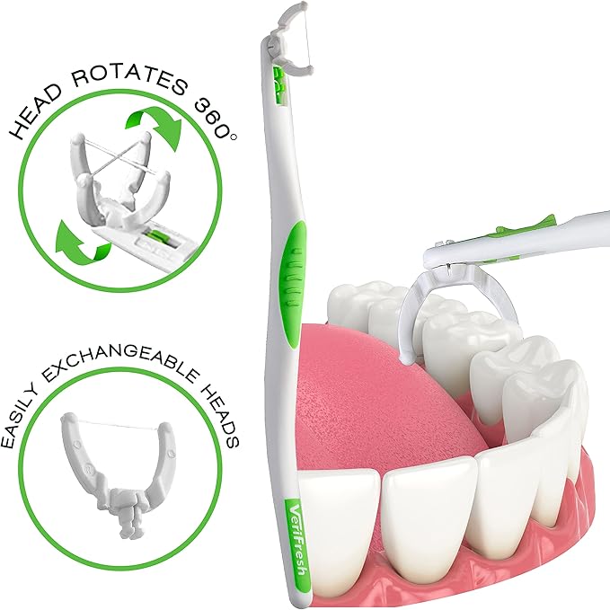 VeriFloss Dental Flosser with 10 Head Refill - Teeth Flossers for Adults & Kids, Flossing Tool - Ergonomic Design w/360° Swivel Head, Glide Lock - Reusable Floss Picks, Cleaning Kit - VeriFresh