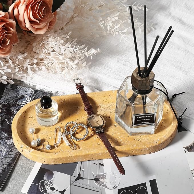 Koville Natural Travertine Tray for Bathroom Vanity, Noble Golden Yellow Bathroom Marble Trays for Countertop Organizer, Decorative Home Décor Catchall Tray for Perfume, Candles, Jewelry Dish Trays