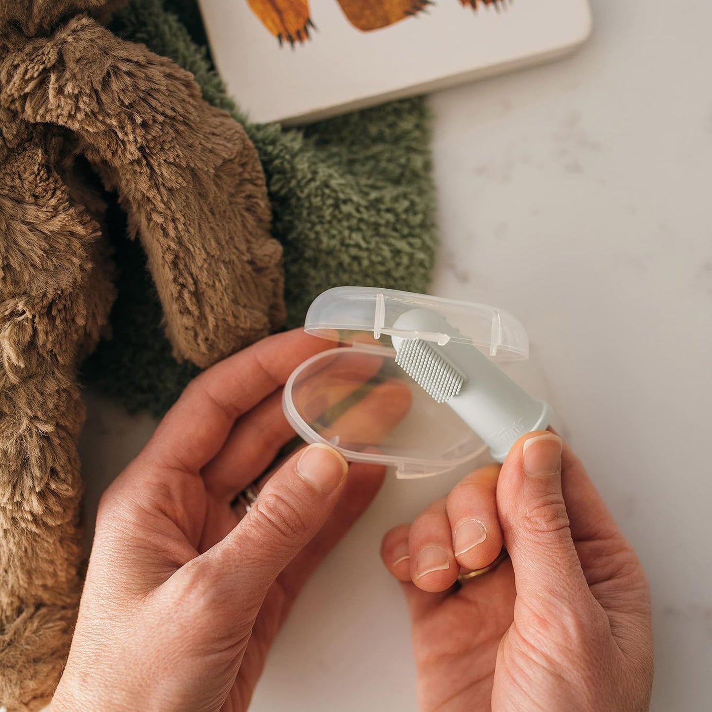 Dr. Brown's 100% Silicone Baby Finger Toothbrush and Toothpaste Set, 2-Pack Toothbrush with Storage Case, Fluoride-Free Strawberry Toddler Toothpaste, Gray & Light-Green