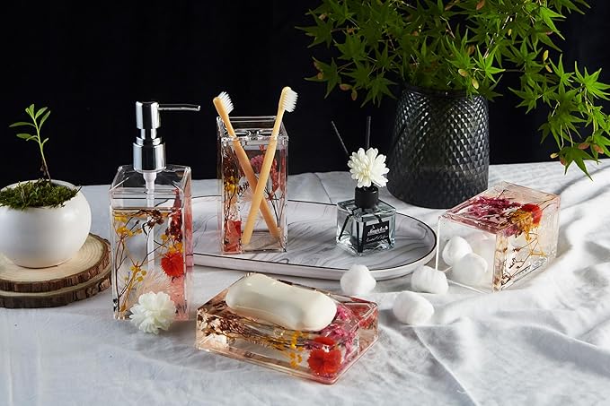 Locco Decor Bathroom Vanity Accessory Set Acrylic Liquid 3D Floating Motion Toothbrush Holder, Tumbler, Soap Dispenser, Soap Dish, Toilet brush, 5-Piece Accessory Set Garden Botanic Pink Plants