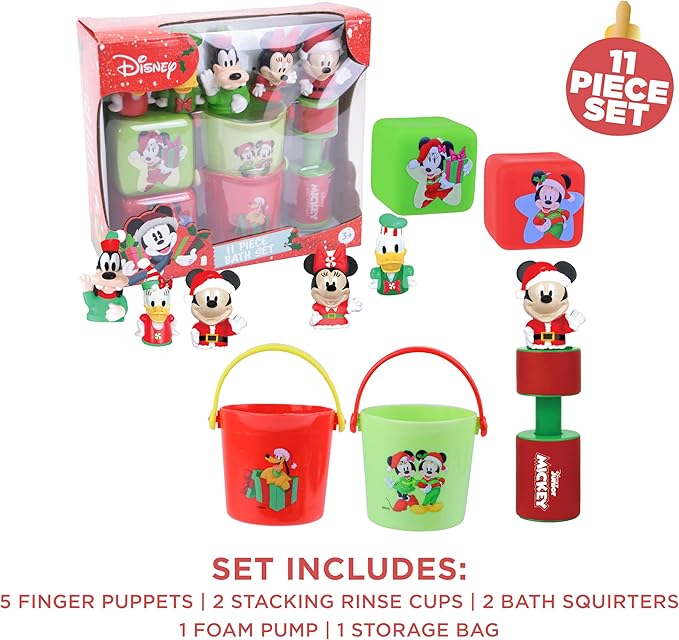 Disney Holiday Mickey and Friends Bath Toys - 11 pc Bath Value Set, Bath Toys, Finger Puppets, Rinse Cups, Foam Pump, Bath squirters