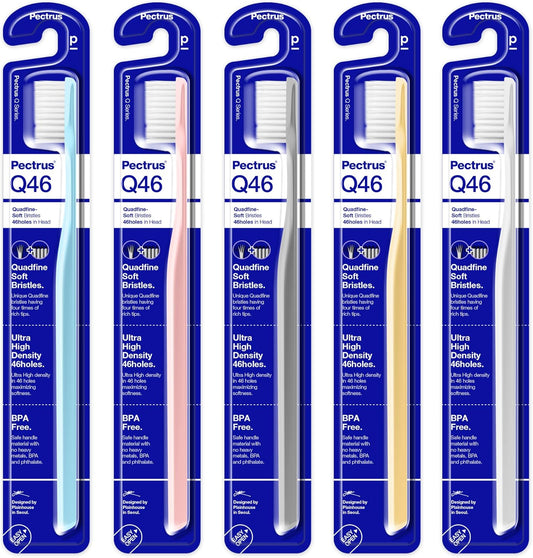 Soft Toothbrush Pack, 5 Count, Advanced Quad-fine Bristles Technology, Tapered Bristles for Sensitive Teeth, Gums & Deep Plaque Removal, Self Flossing Manual Toothbrushes, Assorted Colors