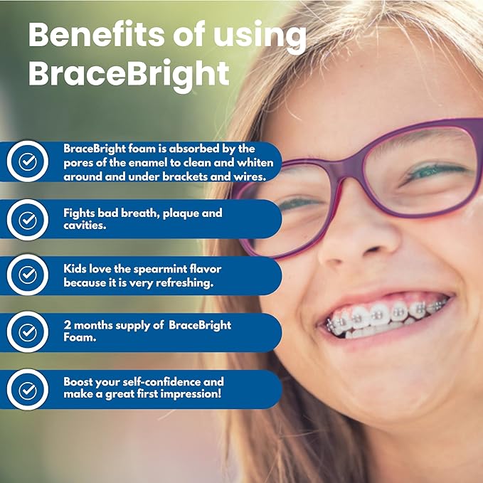 Teeth Whitening for Braces, Braces Cleaner Foam, Brace Teeth Whitening kit for Under Metal, Ceramic, Brackets & Wires. Cleaning Kit, Use w/Toothbrush or Trays No Sensitivity. Minty, Teens, Adults