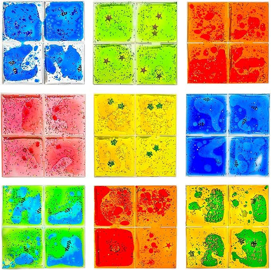 Liquid Sensory Soft Gel Tiles - 12" x 12" Square Multicolor Sensory Toys - Set of 9, Water Sensory Toys for Nurseries, Playrooms, Toddlers and Kids with Autism.