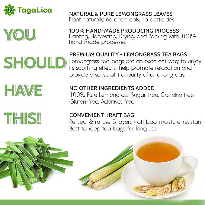 Tagalica, Premium 75 Lemongrass Tea Bags, 100% Natural & Pure Lemongrass leaves, Eco-Conscious Tea Bags, Lemongrass Herbal Tea. Lemongrass Leaf Tea. No Sugar, No Caffeine, No Gluten, Vegan.