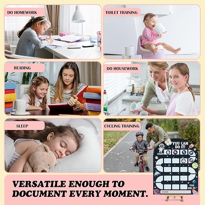 Outer Space Reward Chart, Behavior Chart for Kids at Home, Wooden Incentive Chart Signboard with 24 Tokens, Galaxy Themed Sticker Charts Classroom Essentials -02