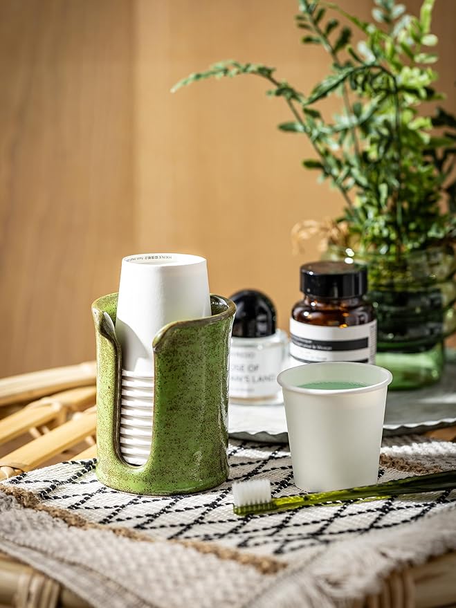 Ceramic Bathroom Cup Dispenser, 3 Oz Bathroom Cup Holder for Dixie Cups, Mouthwash Cup Dispenser for Bathroom Countertop, Green