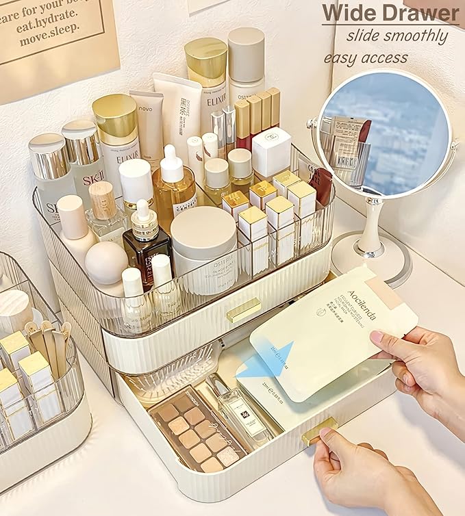 Makeup Organizer with Stackable Drawers, Bathroom Countertop Vanity Organizers and Storage, Ideal for Desk and Dresser, Great for Cosmetics, skin Care, Lipsticks, Nail Care -Cream White