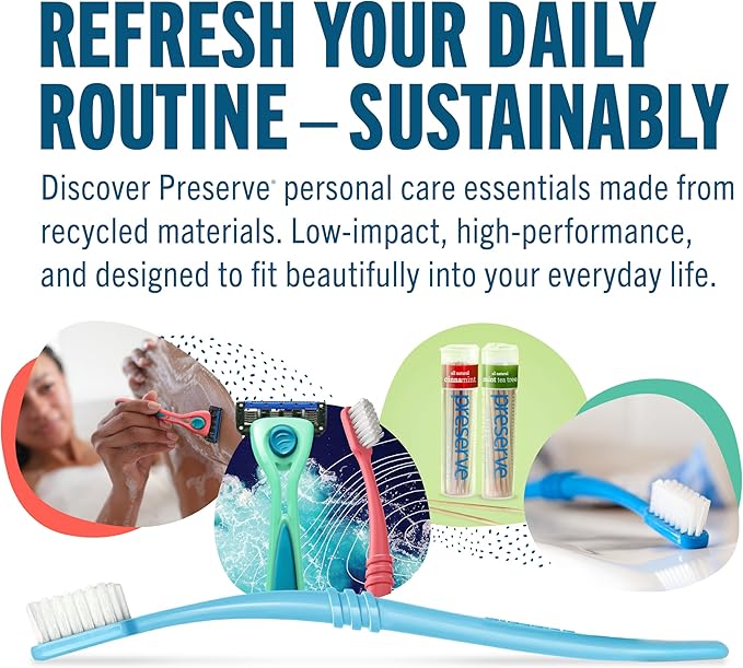 Preserve Eco Friendly Adult Toothbrushes, Made in The USA from Recycled Plastic, Ultra Soft Bristles, Paperboard Package, Colors Vary, 6 Count
