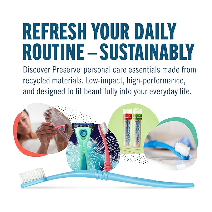 Preserve Eco Friendly Adult Toothbrushes, Made in The USA from Recycled Plastic, Lightweight Package, Soft Bristles, Colors Vary, 6 Pack