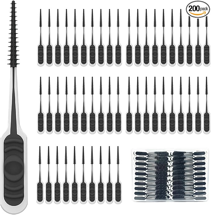 200PCS Interdental Brush with Soft Rubber Handle,Disposable Dental Picks for Teeth Cleaning,Dental Picks with Convenient PP Case (Black)