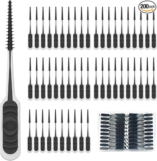 200PCS Interdental Brush with Soft Rubber Handle,Disposable Dental Picks for Teeth Cleaning,Dental Picks with Convenient PP Case (Black)
