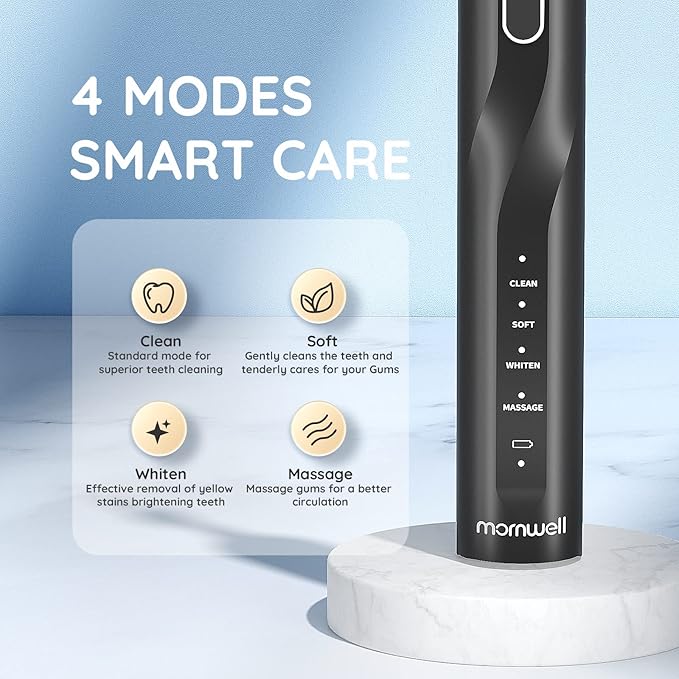 Sonic Electric Toothbrush - 5X More Effective Cleaning, 8 Brush Heads, 4 Modes, Low Noise Design for Adults